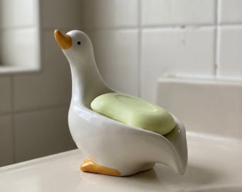 Ceramic Duck Soap Dish, Self Draining Soap Holder, Cute Bathroom Decor, Kawaii Animal Gift, Farmhouse Sink Accessory
