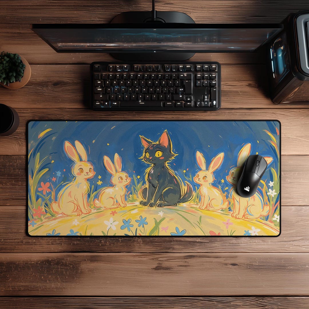 Black Cat Desk Mat | Kawaii Large Mouse Pad | Gaming Deskmat | Keyboard ...