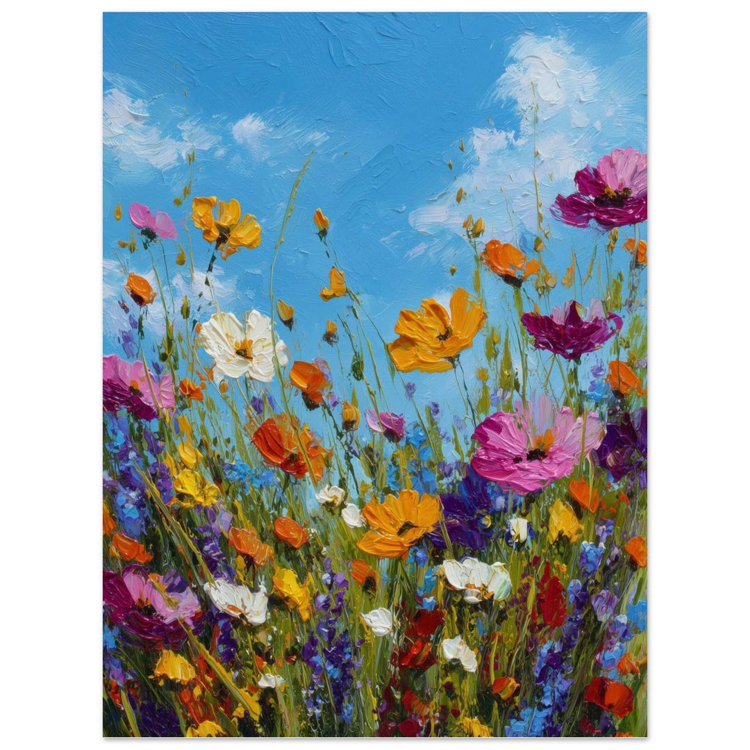 Wildflower Meadow Wall Art Print - Blue Sky Floral Painting Poster ...