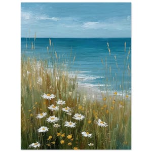 Peut inclure: Peinture à l'huile d'une scène côtière avec un ciel bleu et un océan. De hautes herbes sèches et des fleurs sauvages encadrent le premier plan, avec des marguerites blanches et des fleurs jaunes. L'œuvre évoque la tranquillité.