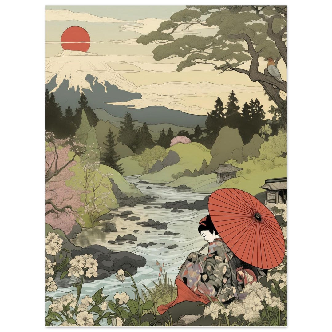 Japanese Landscape Wall Art Print - Red Sun Painting Poster - Tranquil ...