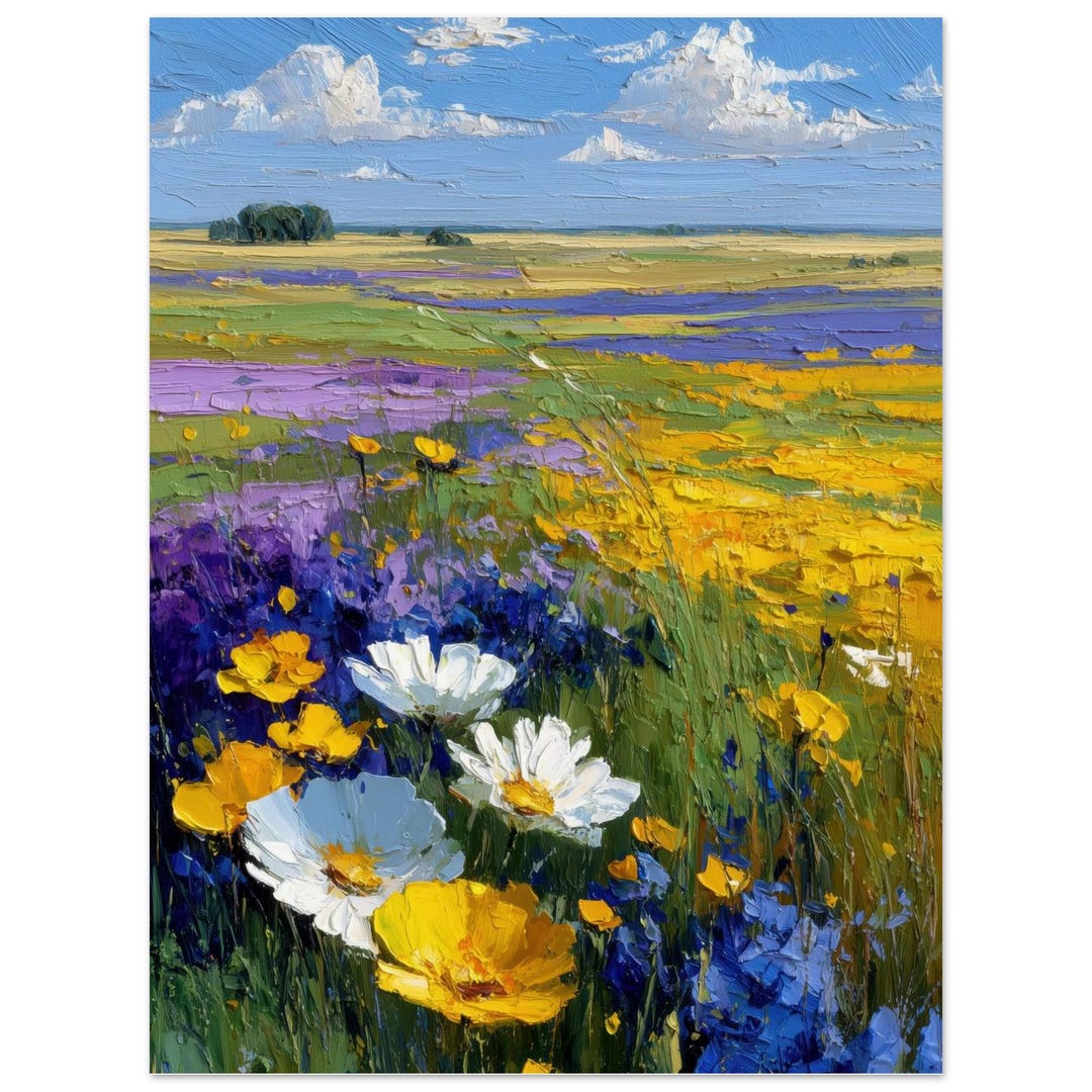 Yellow Wildflower Meadow Wall Art Print - Blue Sky Landscape Painting ...