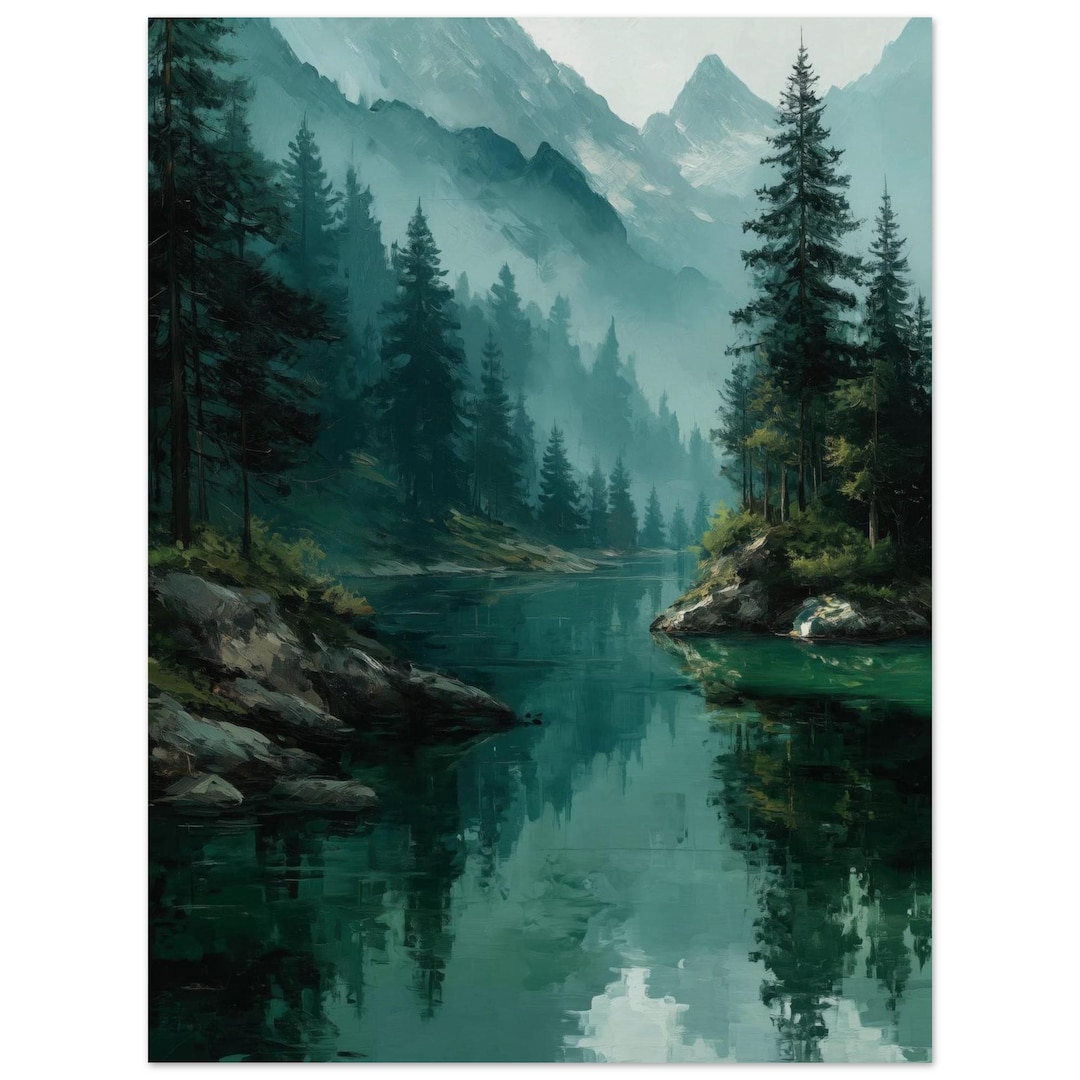 Green Oil Painting Mountain Lake Pine Forest Vertical Wall Art Print - Etsy