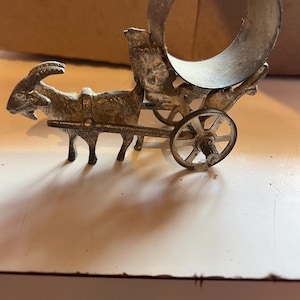 Vintage Figural Silverplate Napkin Ring Goat Pulling Wheeled Cart | Vintage Victorian Goat Cart Napkin Ring | Silver Goat Napkin Ring