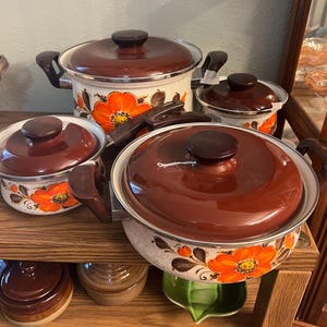 Vintage Sanko Ware Show Pans Cookware Set 4 Pots | Orange Poppy Floral Enamel | 1970s Japan MCM | Retro Kitchen Set