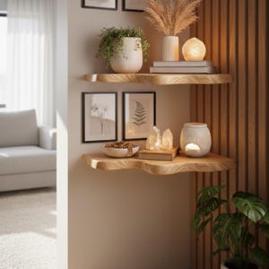 Op de afbeelding: Twee houten planken met een live edge design, met decoratieve items. De bovenste plank bevat een witte vaas met groen, ingelijste kunst en een vaas met gedroogde planten. De onderste plank heeft ingelijste kunst, een kom, kristallen en een kandelaar.