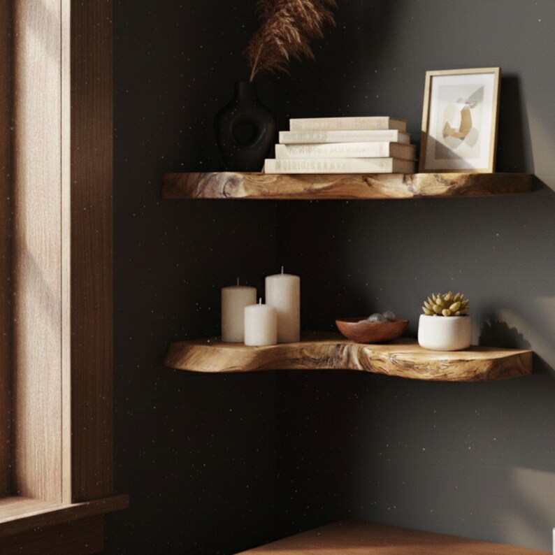 Handcrafted Live Edge Wood Corner Shelf – Rustic Floating Wall Decor - Etsy