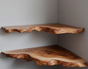 Estantes de esquina flotantes - Estantes de esquina de borde natural hechos a mano - Estante flotante rústico para pared - Decoración rústica de pared de madera - Estante flotante de esquina