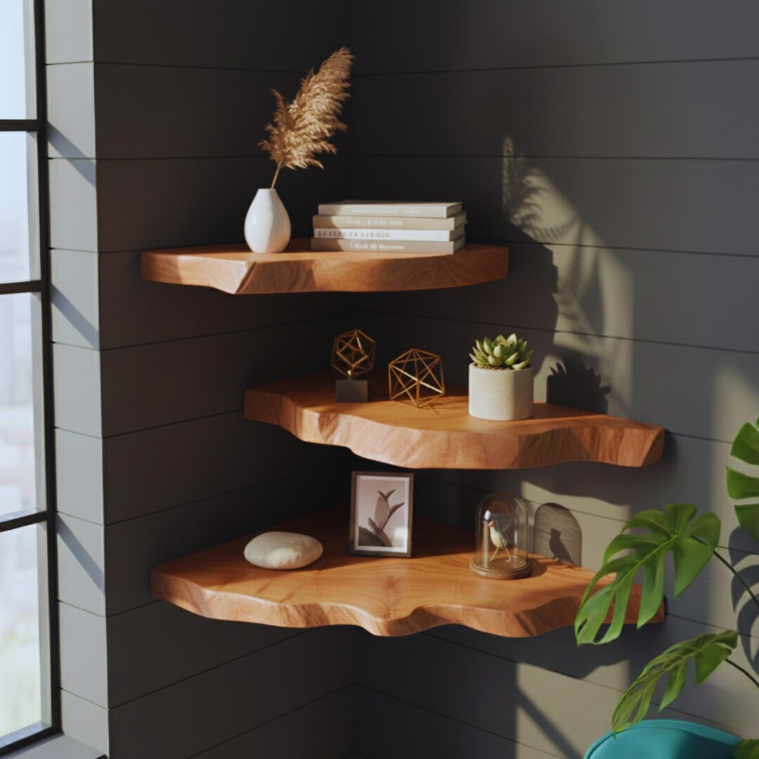 Rustic Live Edge Wood Corner Shelf – Solid Floating Wall Decor - Etsy