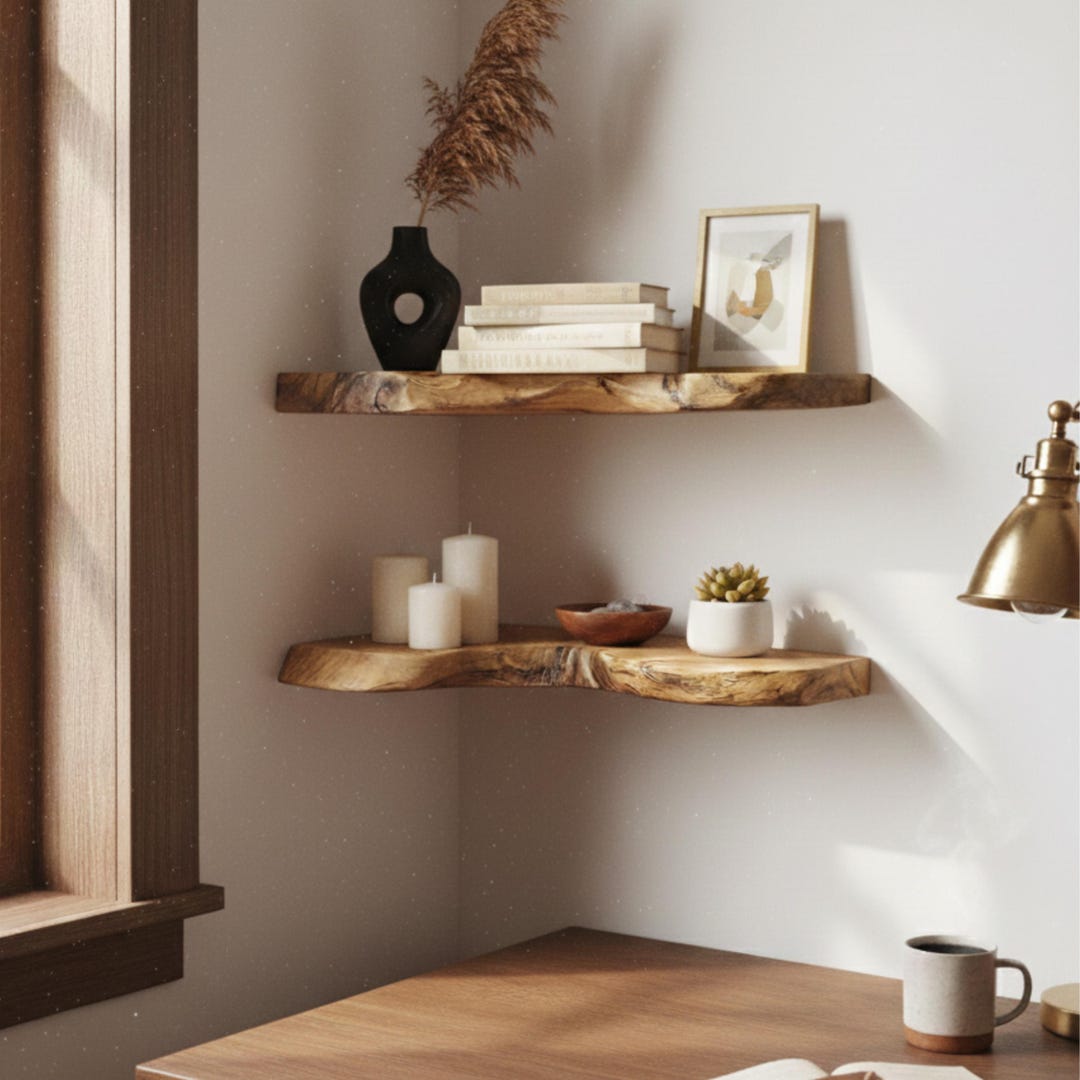 Handcrafted Live Edge Wood Corner Shelf – Rustic Floating Wall Decor - Etsy