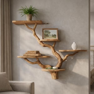 Könnte beinhalten: Einzigartiges, baumförmiges Wandregal aus Holz mit mehreren Plattformen. Die Regale beherbergen eine Topfpflanze, gerahmte Kunstwerke, Bücher und eine dekorative Vase. Die natürliche Holzmaserung und die astartigen Stützen schaffen eine rustikale, organische Ästhetik.