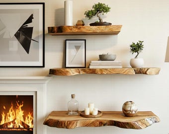 Handmade Live Edge Wood Floating Shelf - Teak Root, Modern Natural Decor