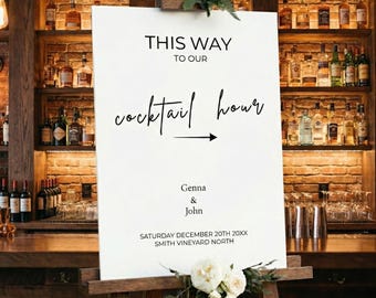 Letrero de bienvenida para la hora del cóctel, flecha de dirección en esta dirección, elegante señalización para recepción de boda, plantilla de Canva editable, letreros de bebidas para boda, paquete de menú