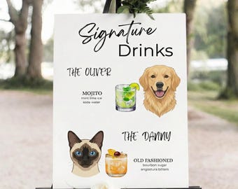 Letrero de bebida con firma de mascota, retrato de perro, menú de bar, letrero de menú de bar de boda con perro y gato, letrero de bebida de cóctel, letrero de bebida de boda para amantes de las mascotas
