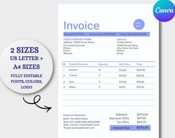 Plantilla de factura de Canva, factura minimalista editable, plantilla de factura comercial en línea, diseño de factura imprimible, recibo de facturación para pequeñas empresas.