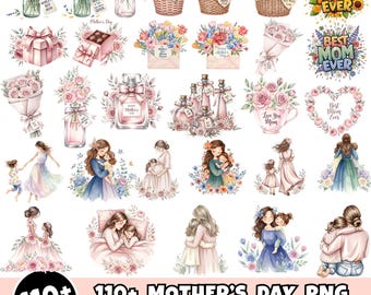 Paquete PNG del Día de la Madre, diseños de imágenes prediseñadas para mamá, imágenes prediseñadas florales del Día de la Madre, letras de flores de acuarela rosa, los mejores gráficos para mamá, imprimibles digitales