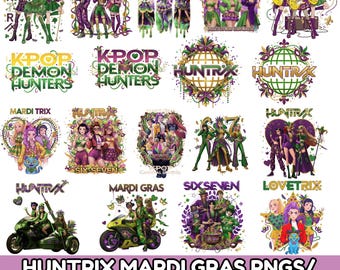 Paquete de imágenes prediseñadas PNG de Huntrix Girls Mardi Gras, imágenes prediseñadas de Kpop Demon Hunters Carnival, diseño de desfile de camisetas de Mardi Gras, descarga digital de Derpy Tiger
