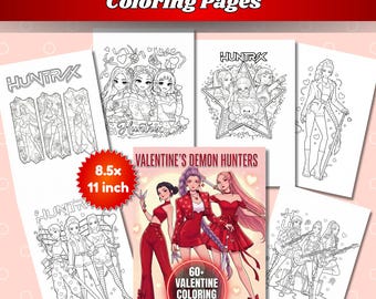 Libro para colorear de K-Pop para San Valentín para niños, libro imprimible de cazadores de demonios inspirado en el K-Pop, páginas para colorear con actividades, libro para colorear de anime