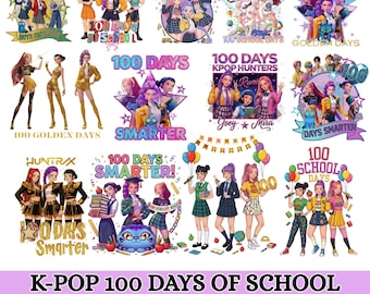 Paquete PNG de Kpop Huntrix 100 días de escuela 100 días más inteligentes KPOP Demon Hunters Saja Boys Girls Bands PNG Camiseta del grupo Kpop Idol Golden Days