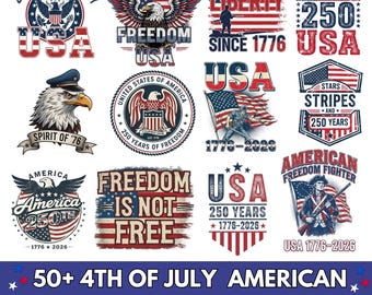 Paquete de imágenes prediseñadas del 250.º aniversario del 4 de julio, águila patriótica, estatua de la libertad, camisetas y tazas, celebración del 250.º aniversario de Estados Unidos