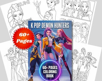 Más de 60 páginas para colorear de cazadores de demonios kpop. Libro para colorear de Huntrix K-pop para niños. Actividad de cumpleaños. Recuerdos de fiesta. Páginas para colorear de invierno. Arte de fans de Kpop.