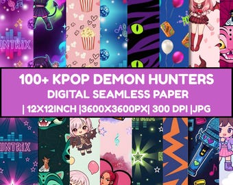 Papel digital sin costuras de Kpop Demon Hunters, fondo de pantalla sin costuras Huntrix, papel de regalo sin costuras para regalos, diseños sin costuras, diseños de álbumes de recortes