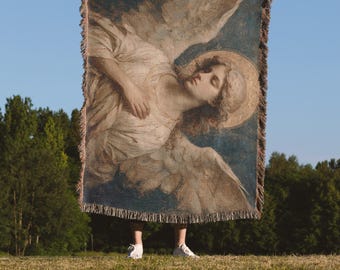 El Ángel Vigilante – Manta tejida / Tapiz de ángel para decoración del hogar / Arte textil sacro