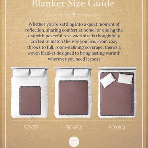 May include: A blanket size guide with three beds displaying different blanket sizes. The sizes are 52x37 inches, 50x60 inches, and 60x80 inches. The text "Blanket Size Guide" is at the top.