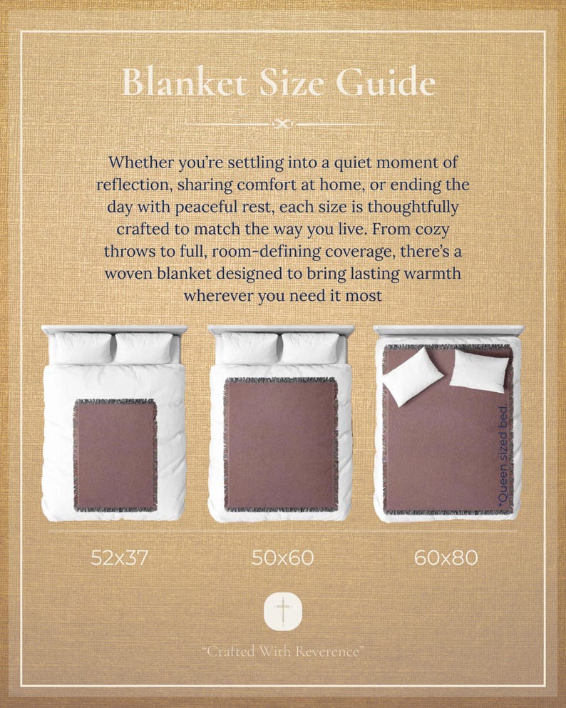 May include: A blanket size guide with three beds displaying different blanket sizes. The sizes are 52x37 inches, 50x60 inches, and 60x80 inches. The text "Blanket Size Guide" is at the top.