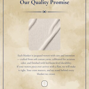 May include: Cream-colored blanket with a jacquard weave, displayed on a textured background. The image includes the text "Our Quality Promise" and details about the blanket's craftsmanship and durability.