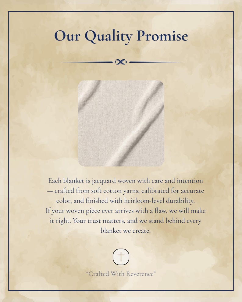 May include: Cream-colored blanket with a jacquard weave, displayed on a textured background. The image includes the text "Our Quality Promise" and details about the blanket's craftsmanship and durability.