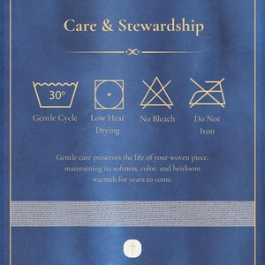 May include: A blue graphic with care instructions for a woven piece. The text reads "Care & Stewardship" and includes symbols for gentle cycle, low heat drying, no bleach, and do not iron. The bottom reads "Crafted With Reverence."