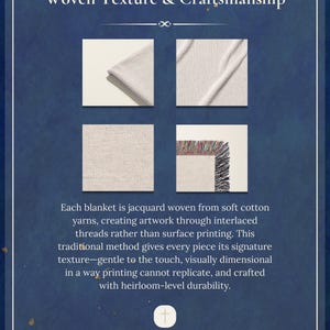 May include: An image showcasing the texture and craftsmanship of woven blankets. The image features four close-up squares of the blanket's fabric, highlighting the weave and fringe. Text reads "Woven Texture & Craftsmanship" and describes the jacquard weaving process.