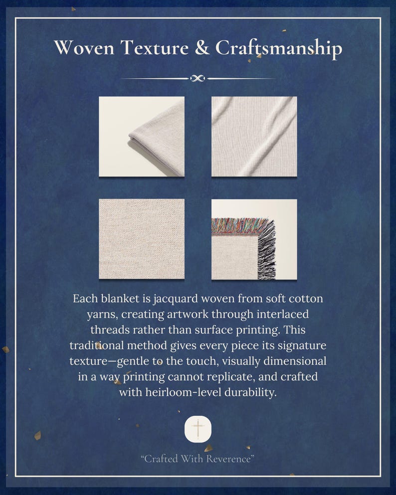 May include: An image showcasing the texture and craftsmanship of woven blankets. The image features four close-up squares of the blanket's fabric, highlighting the weave and fringe. Text reads "Woven Texture & Craftsmanship" and describes the jacquard weaving process.