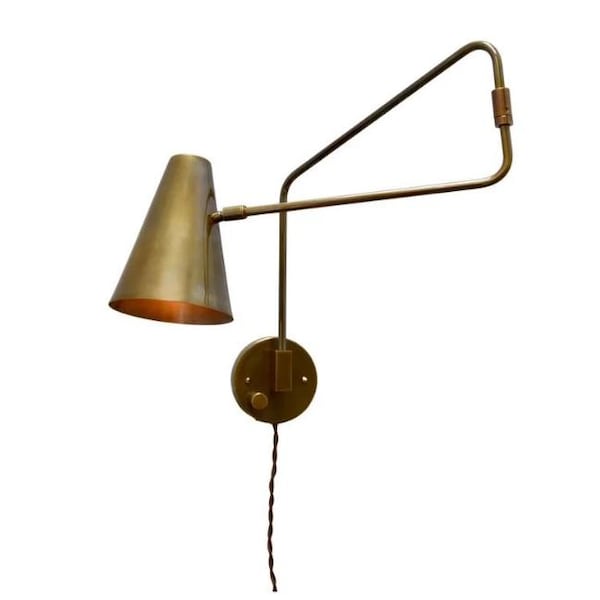 Mid-Century Modern Brass Swing Arm Wall Sconce: Adjustable Brass Reading Light,