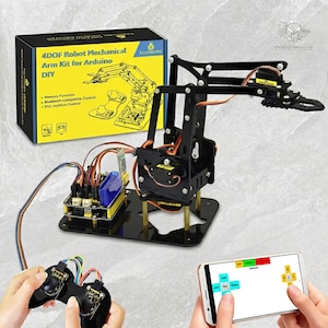 May include: A black 4DOF robot mechanical arm kit for Arduino with a yellow and black box, a black base, multiple servos, and wiring. The kit includes a joystick controller and a smartphone displaying a control interface with directional buttons.