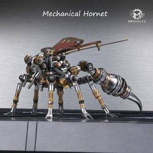 May include: A steampunk-style mechanical hornet sculpture, crafted from various metal parts. The insect has a detailed body with visible gears and joints, six articulated legs, and the text "Mechanical Hornet".