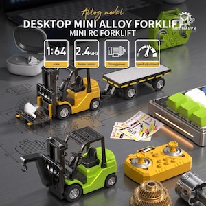 May include: Miniature yellow and green alloy forklifts with a trailer and remote control. The text on the image reads "DESKTOP MINI ALLOY FORKLIFT" and "MINI RC FORKLIFT". The scale is 1:64.