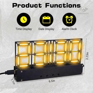 May include: A black digital clock with yellow illuminated numbers, displaying "88:88". The clock is 6.5 inches long and 3.23 inches high. It features time, date, and alarm clock functions. The text "Product Functions" is at the top.
