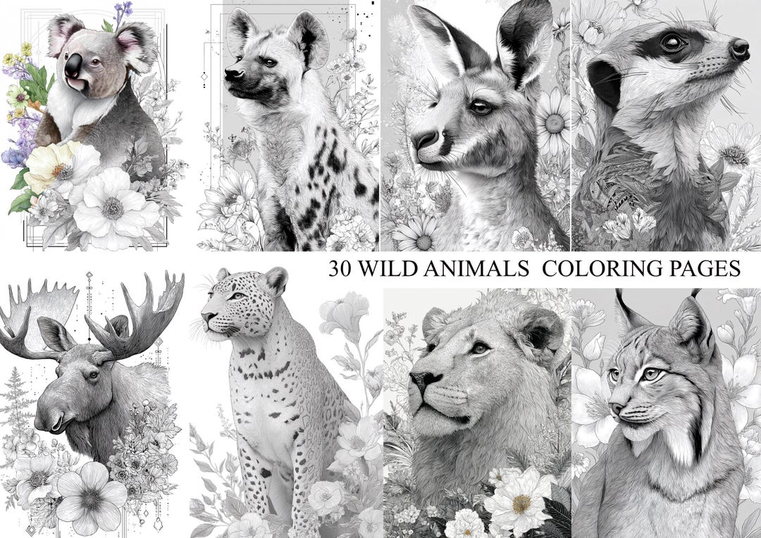 Wild Animal Coloring Pages for Adults – Floral Wildlife (digital ...