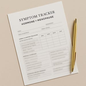 May include: A white paper titled "SYMPTOM TRACKER HORMONE + MENOPAUSE" with a weekly symptom tracking chart and a monthly overview section. A gold pen rests on the paper. The text "USE YOR SHME FOR THORINES" is visible.