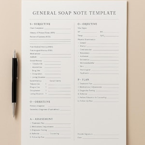 May include: A white paper titled "GENERAL SOAP NOTE TEMPLATE" with a black pen on the left side. The template includes sections for subjective, objective, assessment, and plan, with lines for filling in medical information.