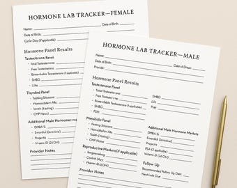 Hormoonlab-trackerbundel: mannelijke en vrouwelijke versies | Organisator HRT-labresultaten | Bewerkbaar in canvas