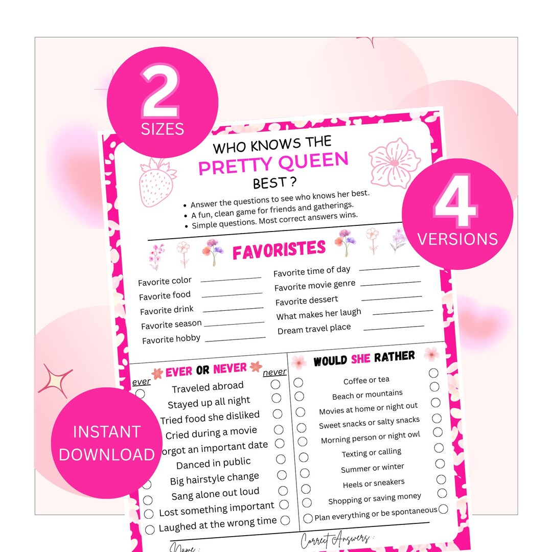 Best Friend Challenge | Printable Quiz Game for Girls Night, Friendship ...
