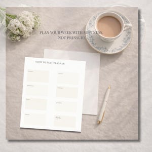 May include: A weekly planner with the text "SLOW WEEKLY PLANNER" and day boxes. A cup of coffee sits on a floral saucer. A pen and flowers are also present. The text "PLAN YOUR WEEK WITH SOFTNESS. NOT PRESSURE" is visible.