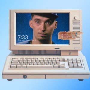 May include: A vintage beige computer with a screen displaying a person's face and the time 7:33. The screen also shows the text "Thursday, December 4." A "DIGITAL PREVIEW" sticker is on the screen. The keyboard is white.
