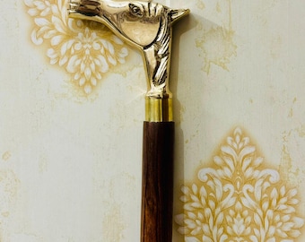 Bastón de madera hecho a mano con mango de cabeza de caballo de latón