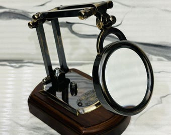 Brass Magnifying Glass with Wooden Lamp Type Stand Vintage Antique Magnifier Reading Lens
