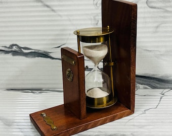 Rotatable Brass Hourglass/Sand timer with Wooden Bookshelf