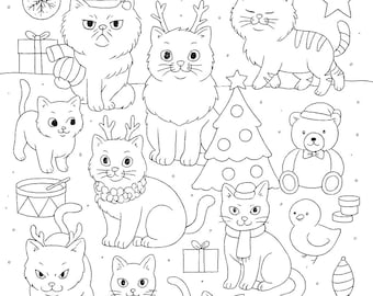 12 Cats of Christmas Digital Downloadable Coloring Book